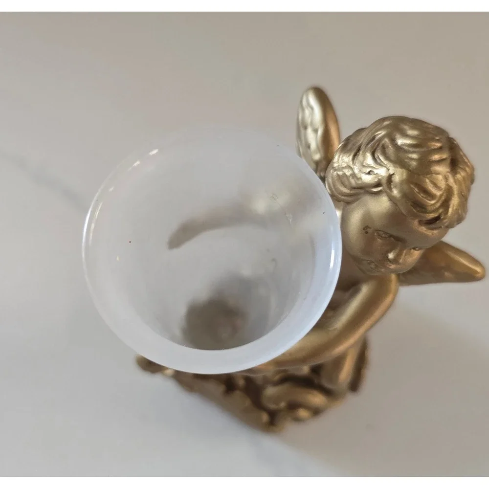 Gold Cherub Angel Bud Vase Frosted Glass Insert Ornate Scroll Base Decor